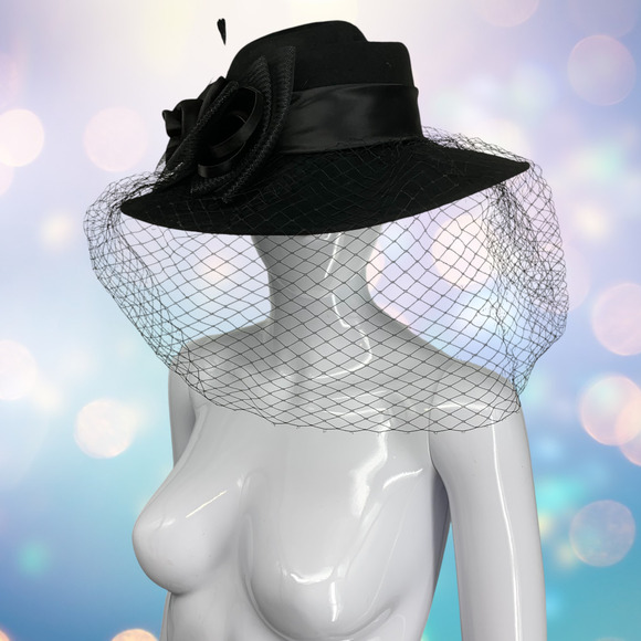 Elegant Black Wide Brim Dress Hat Rose Mesh Organza Bow Veil Church Derby Wool - Picture 7 of 9